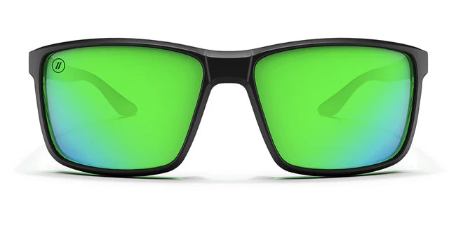 A close up, front view of the Dance Electric Blenders Sunglasses showcasing the matte rubberized black and gloss green frame and polarized green mirrored lenses of the sunglasses.
