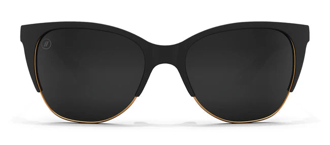 A close up, front view of the Americano Blenders Sunglasses showcasing the matte black rubberized frame and polarized smoke lenses of the sunglasses.
