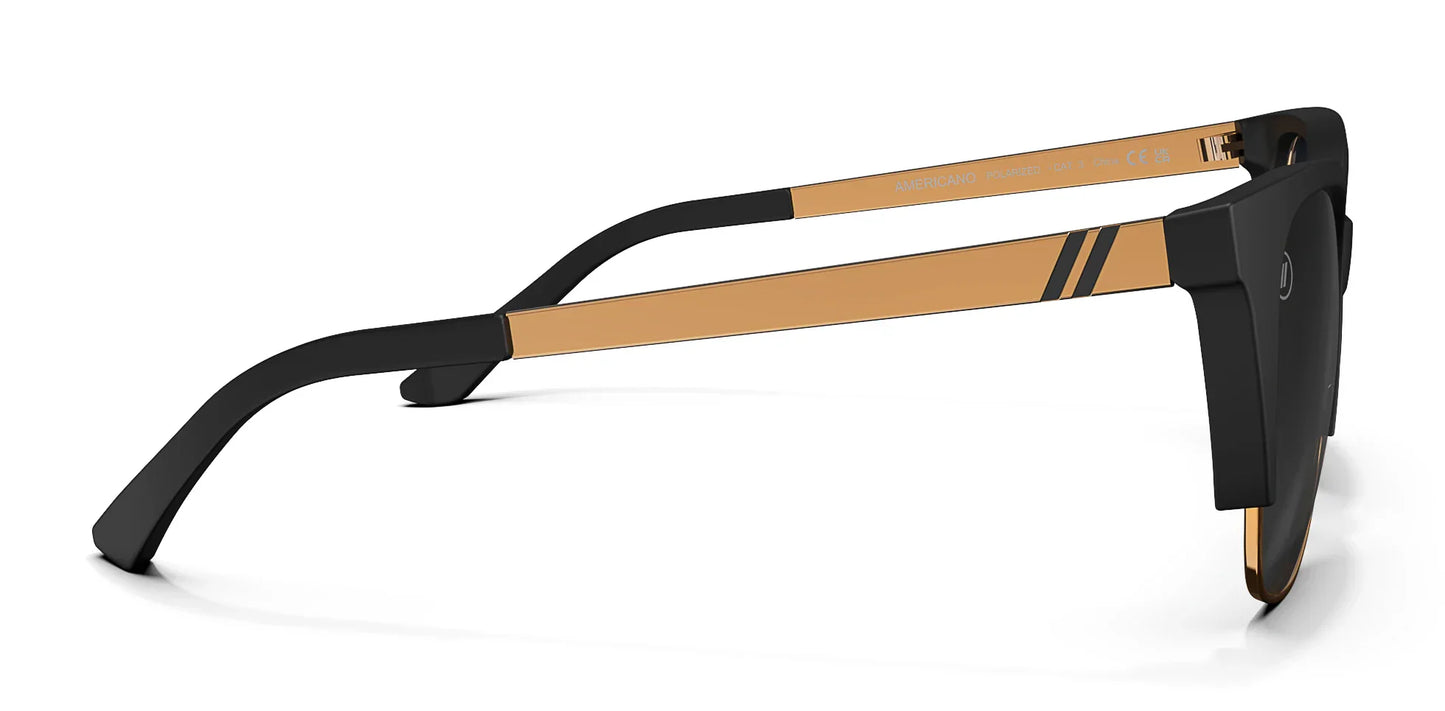 A close up, right side view of the Americano Blenders Sunglasses showcasing the inside and outside of the matte black rubberized frame and polarized smoke lenses of the sunglasses.