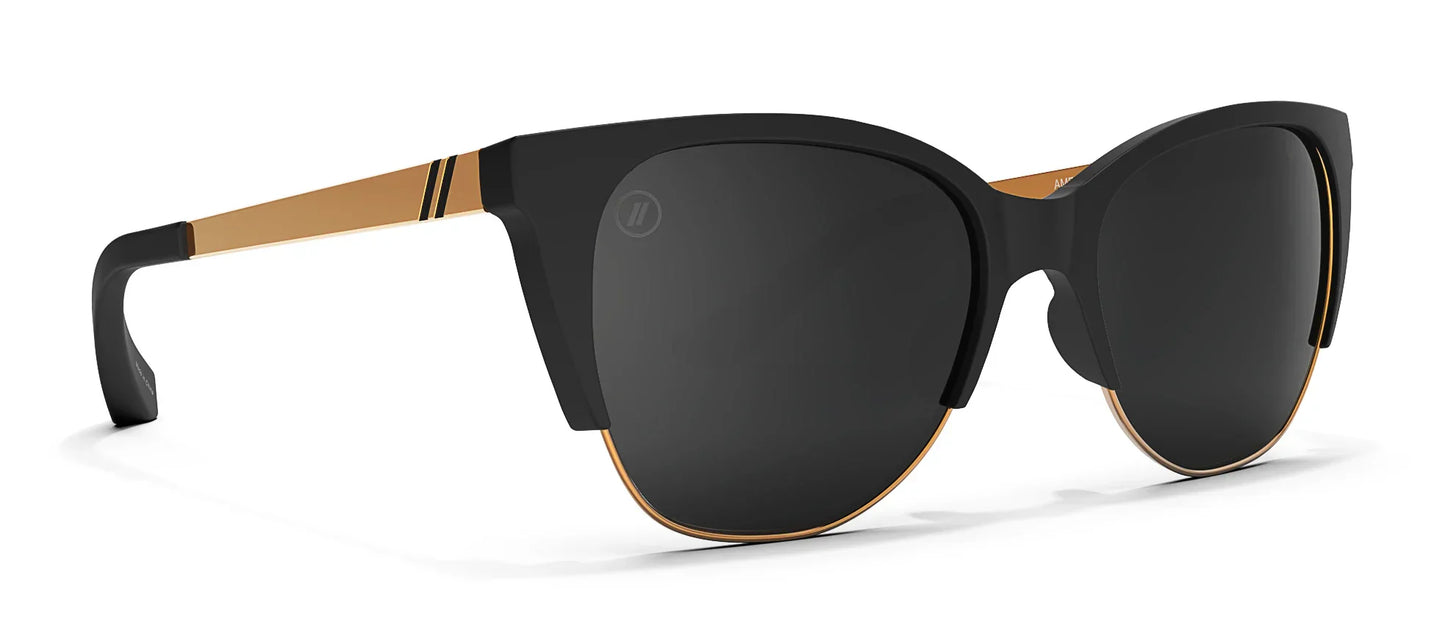 A close up, angled front view of the Americano Blenders Sunglasses showcasing the outside of the matte black rubberized frame and polarized smoke lenses of the sunglasses.