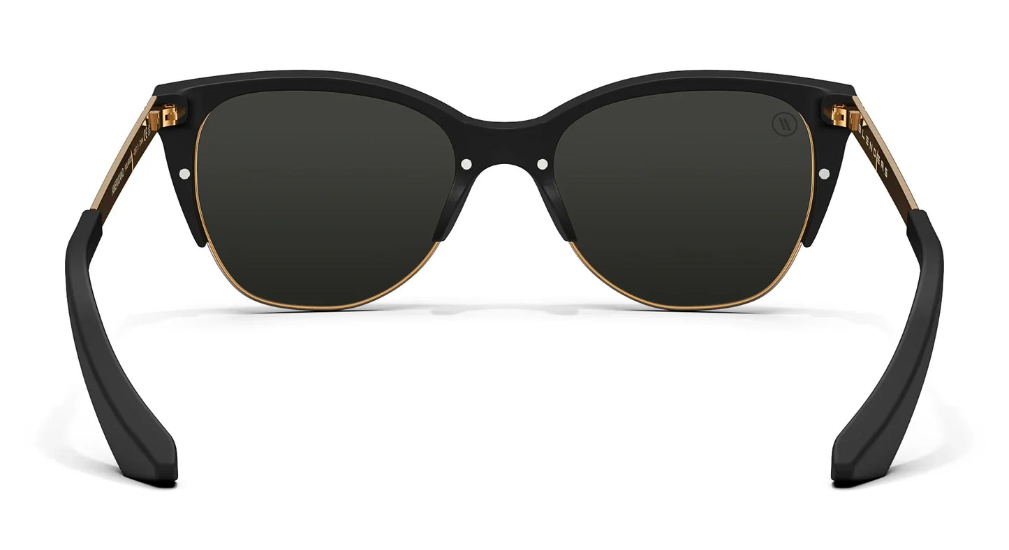 A close up, back view of the Americano Blenders Sunglasses showcasing the inner sides of the matte black rubberized frame and polarized smoke lenses of the sunglasses.