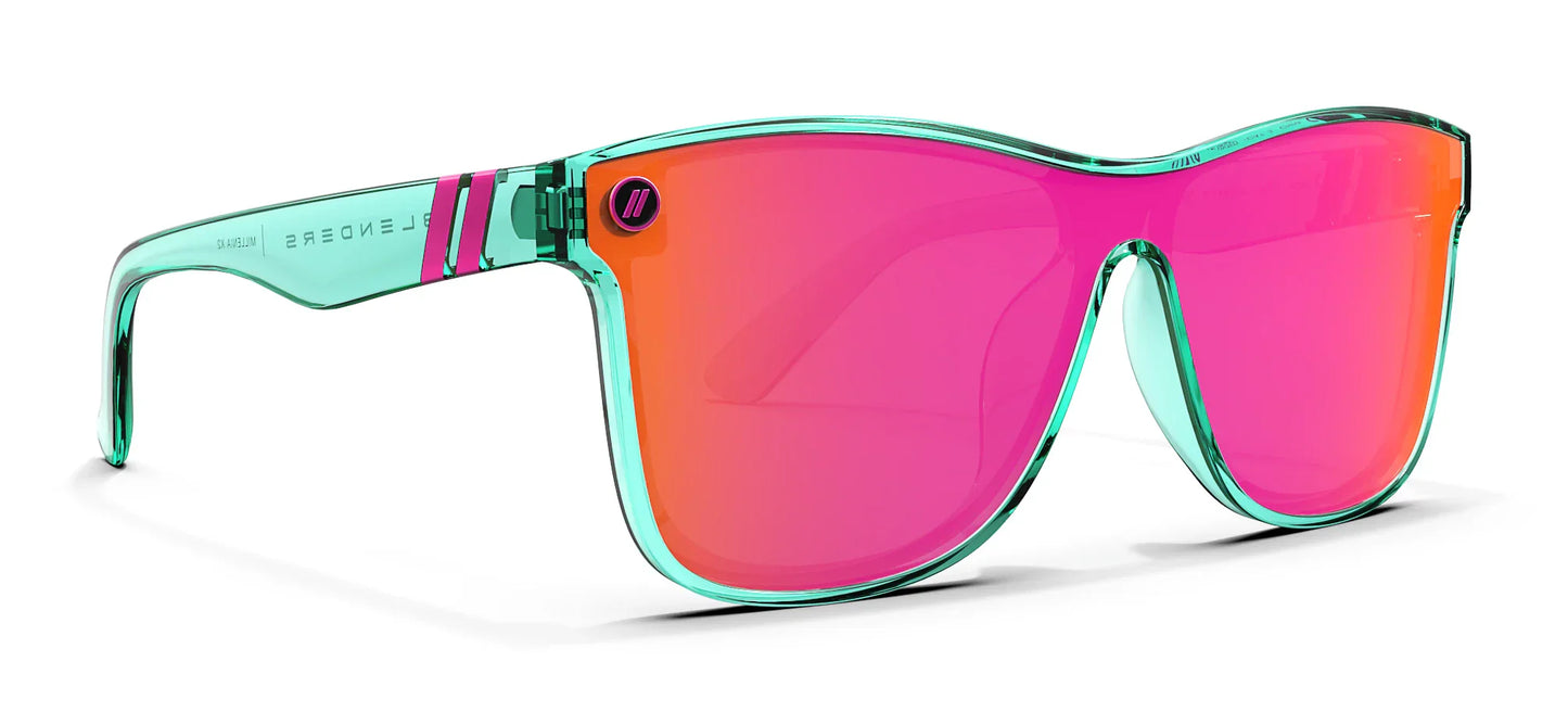 A close up, angled view of the front and right side of the Dance Electric Blenders Sunglasses showcasing the right side of the gloss crystal teal frame and polarized hot pink mirrored lenses of the sunglasses.