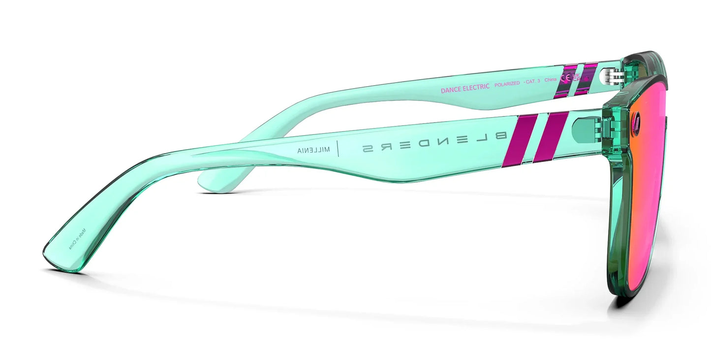 A close up, right side view of the Dance Electric Blenders Sunglasses showcasing the inside and outside of the gloss crystal teal frame and polarized hot pink mirrored lenses of the sunglasses.
