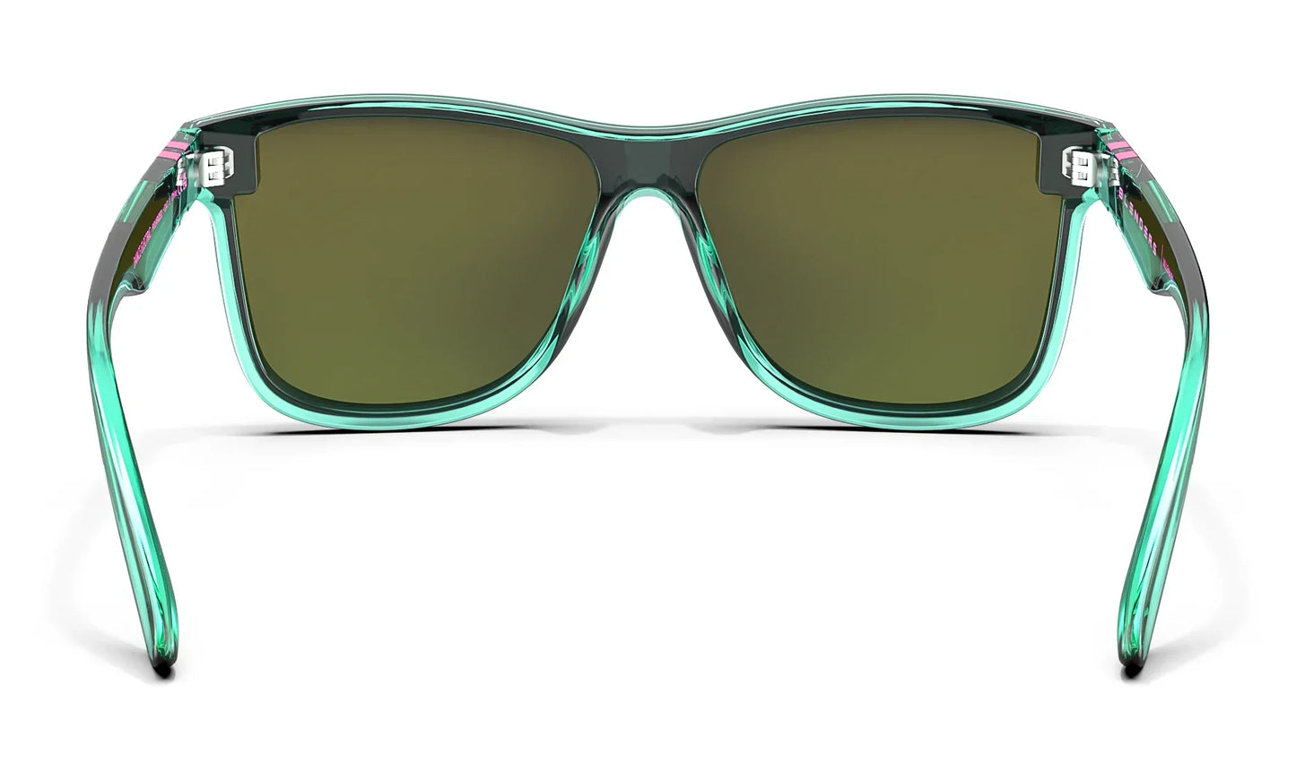 A close up, back view of the Dance Electric Blenders Sunglasses showcasing the inner sides of the gloss crystal teal frame and polarized hot pink mirrored lenses of the sunglasses.