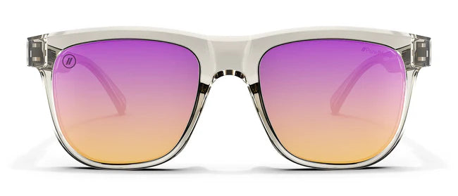 A close up, front view of the Dream One Blenders Sunglasses showcasing the glossy crystal gray frame and PureBlend™ lavender champagne mirrored of the sunglasses.