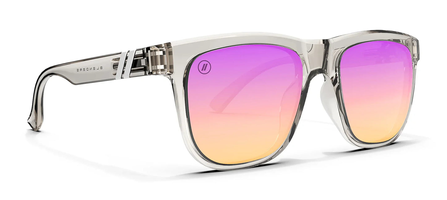 A close up, angled view of the front and right side of the Dream One Blenders Sunglasses showcasing the glossy crystal gray frame and PureBlend™ lavender champagne mirrored lenses of the sunglasses.