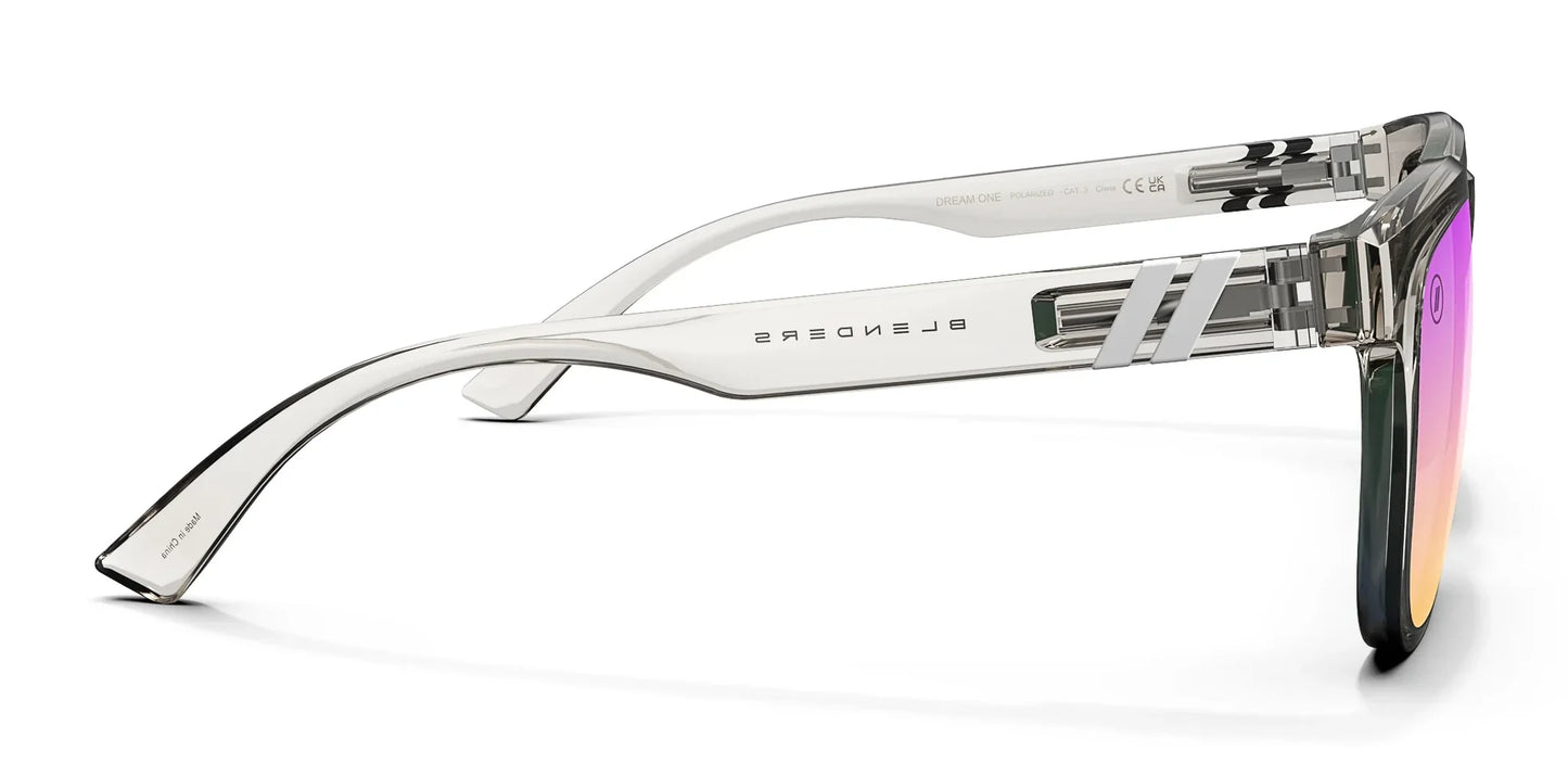 A close up, right side view of the Dream One Blenders Sunglasses showcasing the inside and outside of the glossy crystal gray frame and PureBlend™ lavender champagne mirrored lenses of the sunglasses.