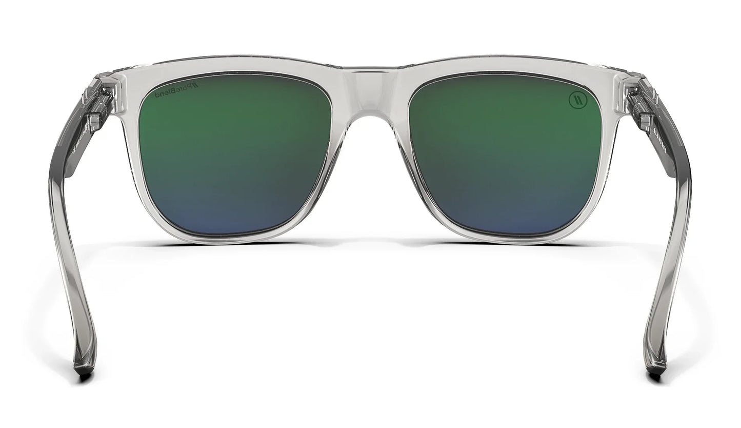 A close up, back view of the Dream One Blenders Sunglasses showcasing the inner sides of the glossy crystal gray frame and PureBlend™ lavender champagne mirrored lenses of the sunglasses.
