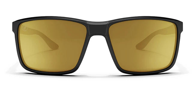 A close up, front view of the Matte Black Blenders Sunglasses showcasing the matte black frame and polarized copper mirrored lenses of the sunglasses.