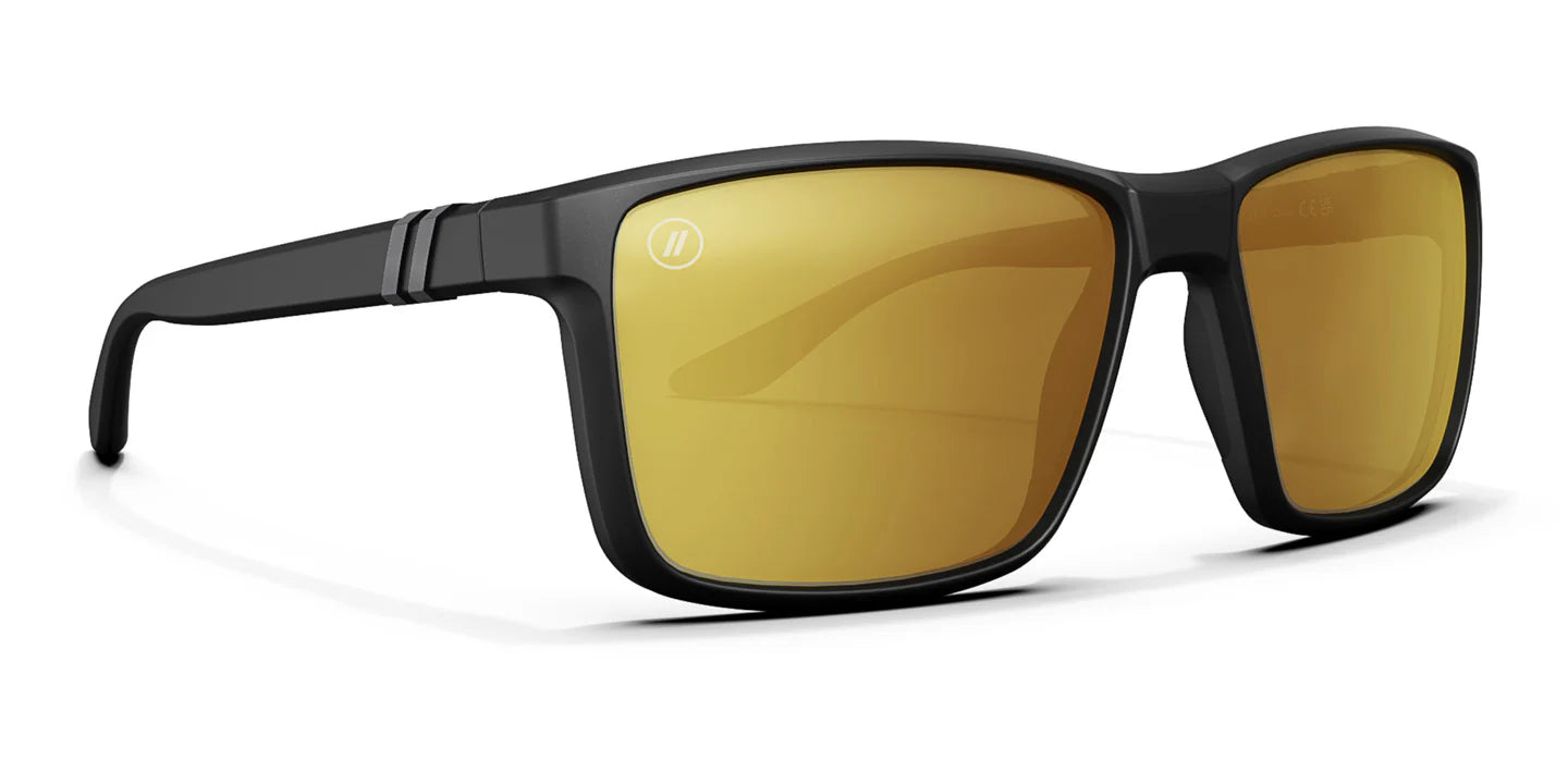A close up, angled view of the front and right side of the Matte Black Blenders Sunglasses showcasing the right side of the matte black frame and polarized copper mirrored lenses of the sunglasses.