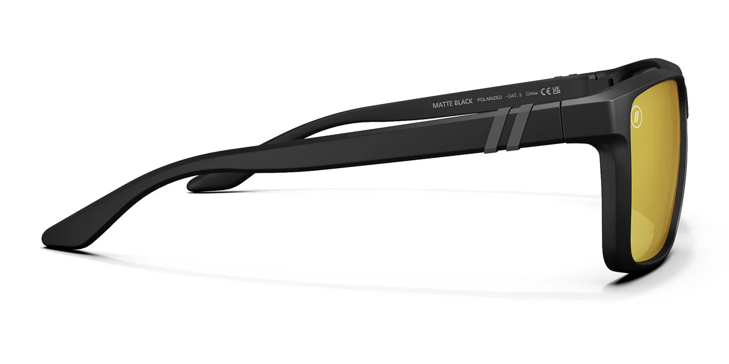 A close up, right side view of the Matte Black Blenders Sunglasses showcasing the inside and outside of the matte black frame and polarized copper mirrored lenses of the sunglasses.