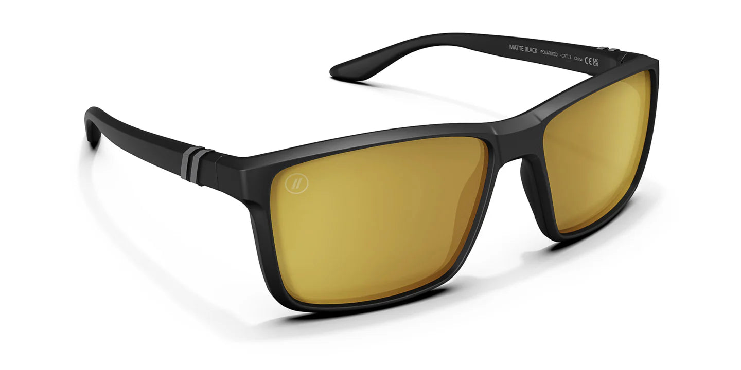 A close up, angled front view of the Matte Black Blenders Sunglasses showcasing the inside and outside of the matte black frame and polarized copper mirrored lenses of the sunglasses.
