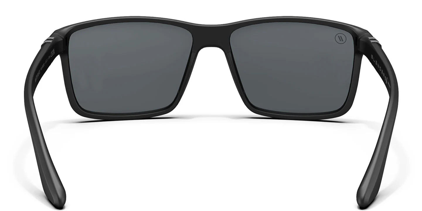 A close up, back view of the Matte Black Blenders Sunglasses showcasing the inner sides of the matte black frame and polarized copper mirrored lenses of the sunglasses.