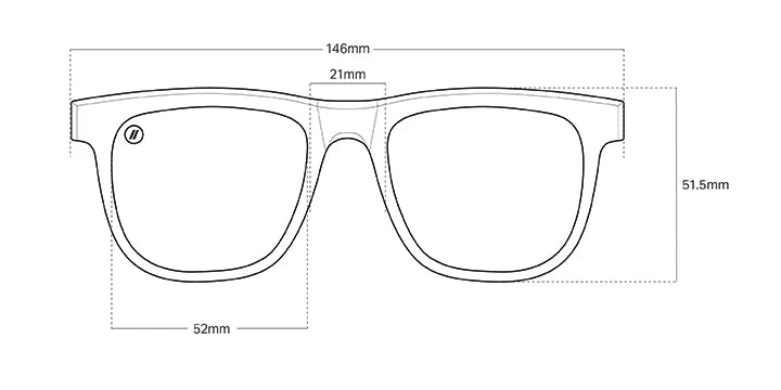 A drawing of the Mojave Cove Blenders Sunglasses showcasing the product dimensions and fit information.