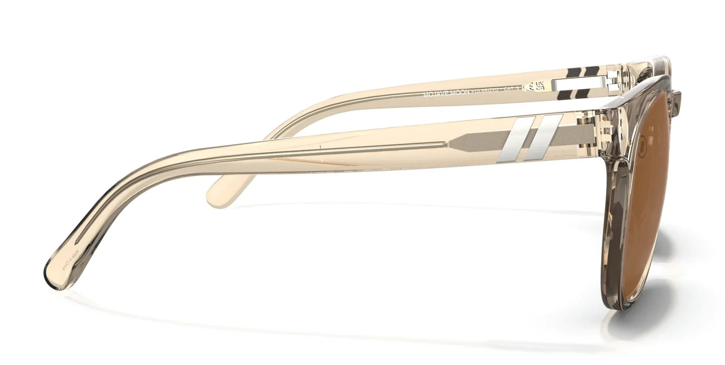 A close up, right side view of the Mojave Moon Blenders Sunglasses showcasing the inside and outside of the crystal tan frame and PureBlend™ amber lenses of the sunglasses.