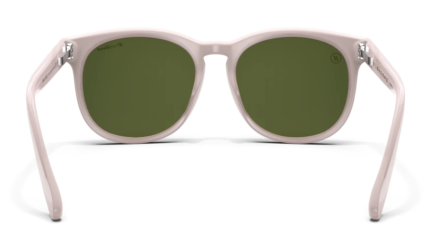 A close up, back view of the Pink Rose Blenders Sunglasses showcasing the inner sides of the glossed milky pink frame and polarized PureBlend™ pink mirrored lenses of the sunglasses.