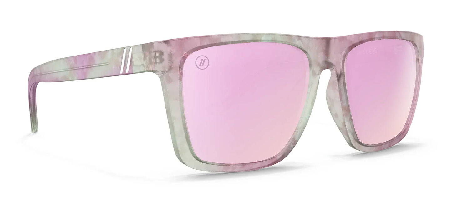 A close up, angled view of the front and right side of the Pretty Gangsta' Blenders Sunglasses showcasing the right side of the gloss crystal clear gray and pink tortoise frame and polarized pink mirrored lenses of the sunglasses.
