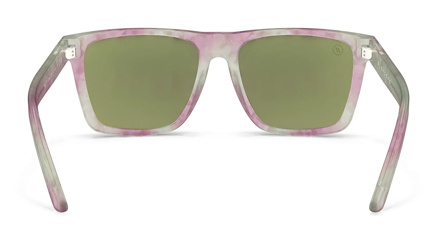 A close up, back view of the Pretty Gangsta' Blenders Sunglasses showcasing the inner sides of the gloss crystal clear gray and pink tortoise frame and polarized pink mirrored lenses of the sunglasses.