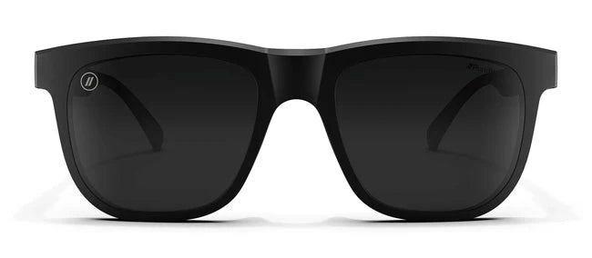 A close up, front view of the Shadow Cruise Blenders Sunglasses showcasing the glossy black frame and PureBlend™ smoke black lenses of the sunglasses.