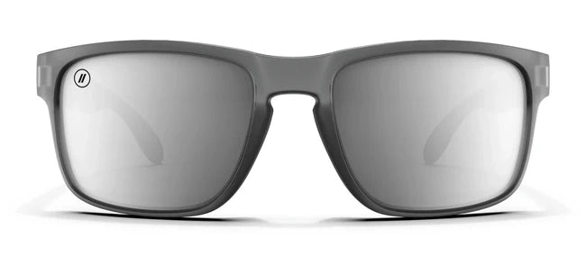 A close up, front view of the Smoke Chaser Blenders Sunglasses showcasing the matte-finished crystal black frame and polarized PureBlend™ silver mirrored lenses of the sunglasses.