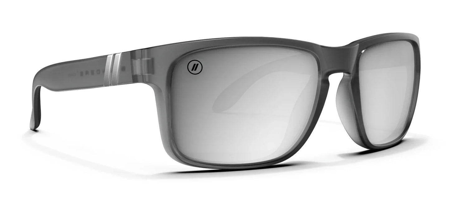 A close up, angled view of the front and right side of the Smoke Chaser Blenders Sunglasses showcasing the right side of the matte-finished crystal black frame and polarized PureBlend™ silver mirrored lenses of the sunglasses.