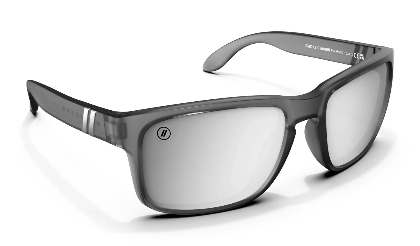 A close up, right side view of the Smoke Chaser Blenders Sunglasses showcasing the inside and outside of the matte-finished crystal black frame and polarized PureBlend™ silver mirrored lenses of the sunglasses.