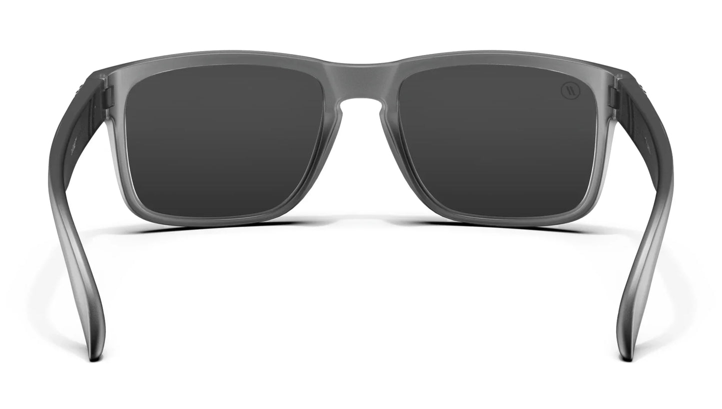 A close up, back view of the Smoke Chaser Blenders Sunglasses showcasing the inner sides of the matte-finished crystal black frame and polarized PureBlend™ silver mirrored lenses of the sunglasses.
