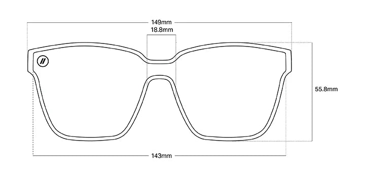 A drawing of the Sterling Lady Blenders Sunglasses showcasing the product dimensions and fit information.