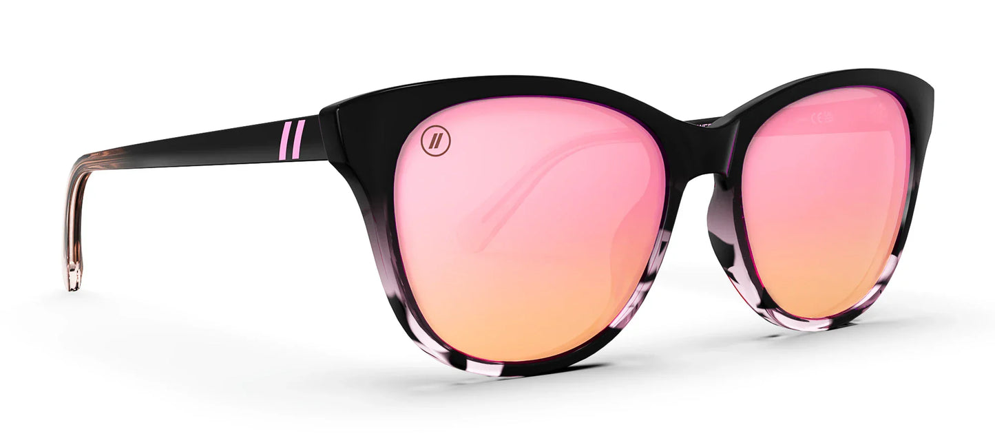 A close up, angled view of the front and right side of the Sweet Tonic Blenders Sunglasses showcasing the glossy black and pink tortoise frame and polarized pink mirrored lenses of the sunglasses.