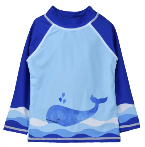 Flap Happy UPF 50 Graphic Rash Guard Swim Top - Splish Splash Whale Blue
