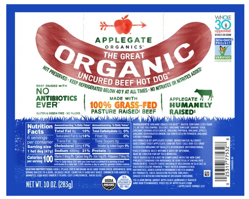 Applegate Organics Organic Beef Hot Dog Uncured on white background