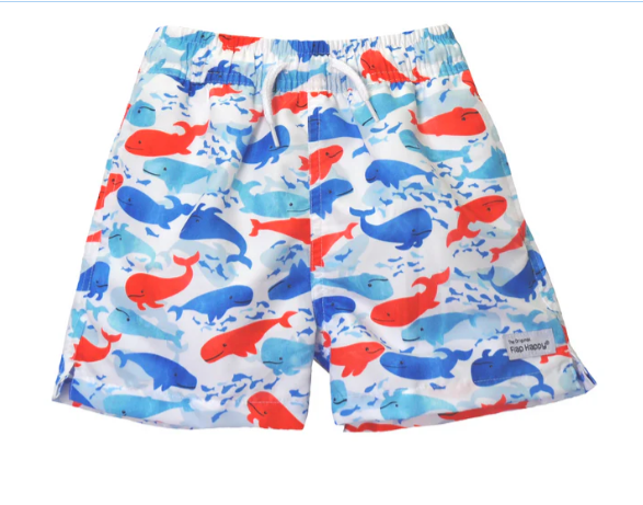 Flap Happy UPF 50 Wesley Swim Trunks with Mesh Liner - Splish Splash Whale Blue