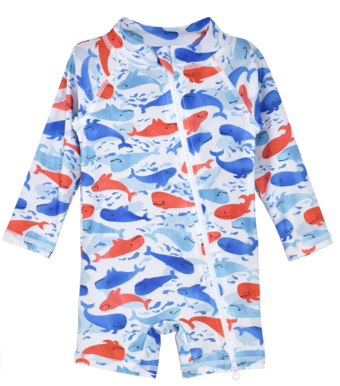 Flap Happy UPF 50 Shortie Surf Swimsuit - Splish Splash Whale Blue