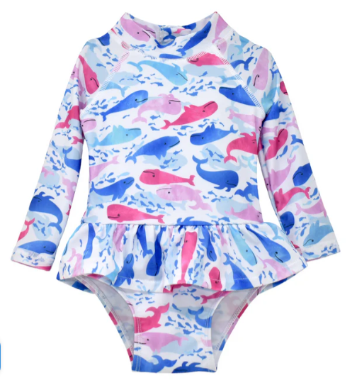Flap Happy UPF 50 Alissa Infant Ruffle Rash Guard Swimsuit - Rosy Whales