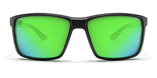 A close up, front view of the Dance Electric Blenders Sunglasses showcasing the matte rubberized black and gloss green frame and polarized green mirrored lenses of the sunglasses.