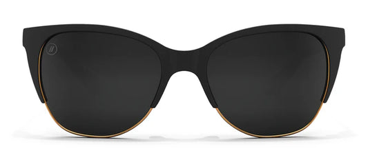 A close up, front view of the Americano Blenders Sunglasses showcasing the matte black rubberized frame and polarized smoke lenses of the sunglasses.