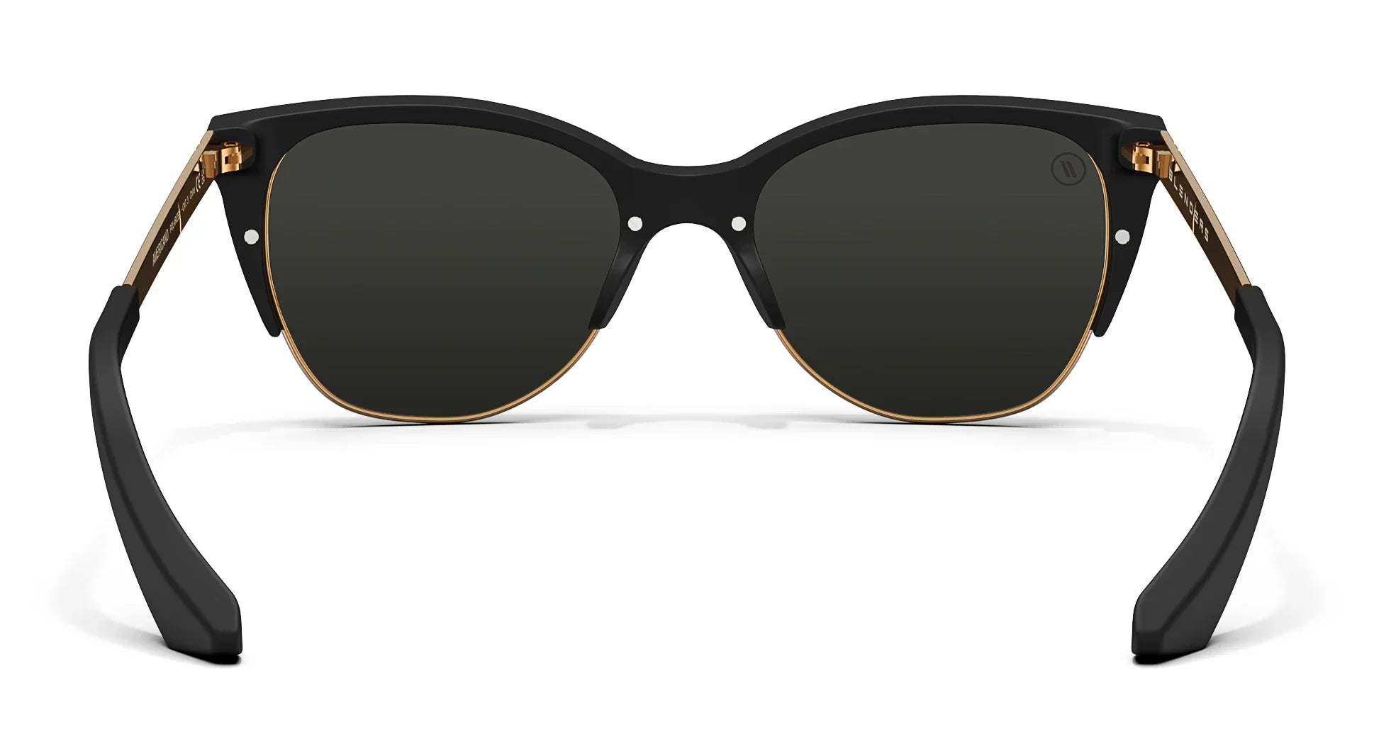 A close up, back view of the Americano Blenders Sunglasses showcasing the inner sides of the matte black rubberized frame and polarized smoke lenses of the sunglasses.