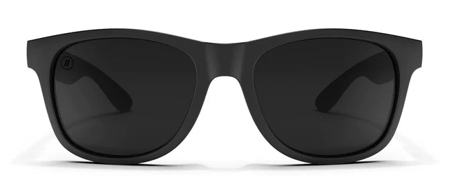 A close up, front view of the Deep Space X2 Blenders Sunglasses showcasing the matte black frame and polarized smoke lenses of the sunglasses.