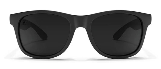 A close up, front view of the Deep Space X2 Blenders Sunglasses showcasing the matte black frame and polarized smoke lenses of the sunglasses.