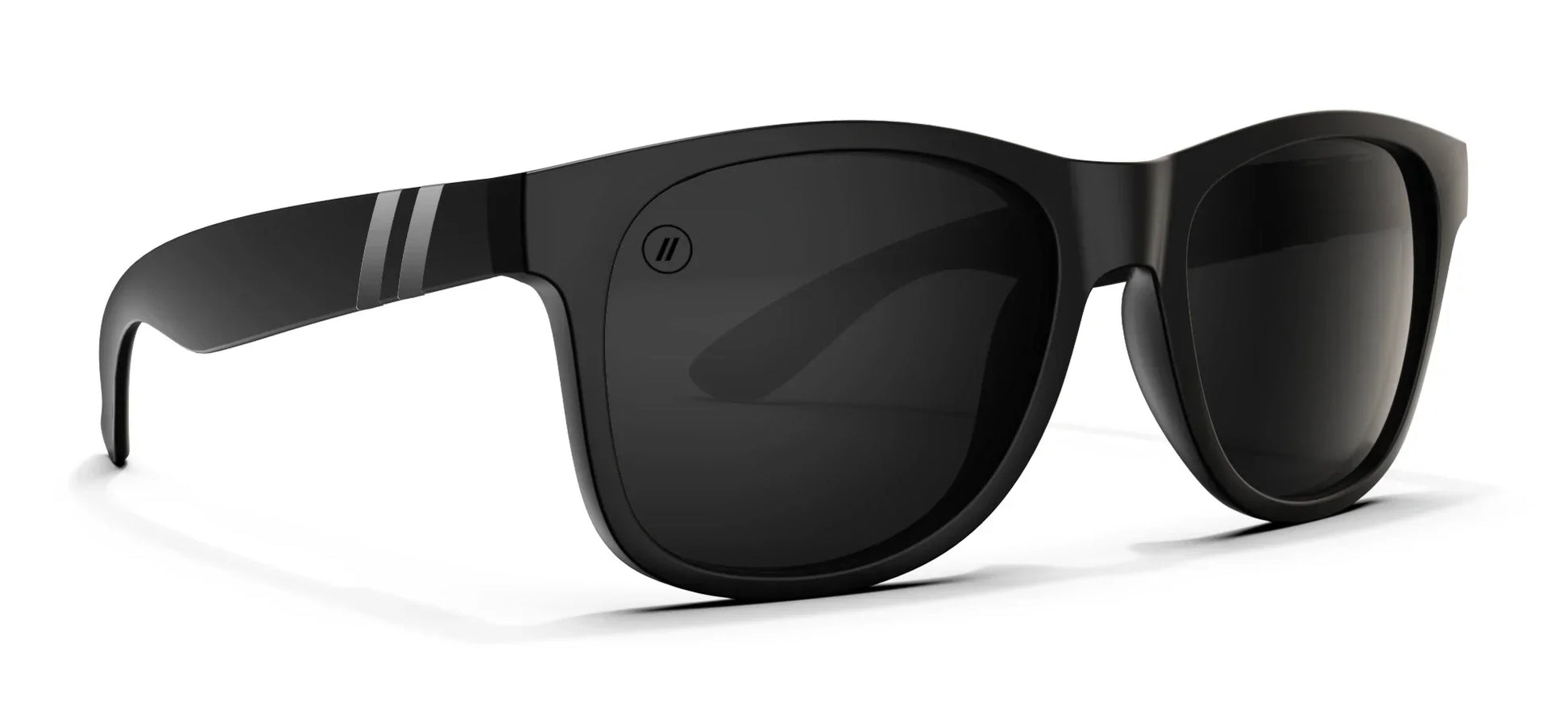 A close up, angled view of the front and right side of the Deep Space X2 Blenders Sunglasses showcasing the matte black frame and polarized smoke lenses of the sunglasses.