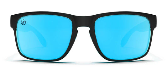 A close up, front view of the Canyon Fortune Blenders Sunglasses showcasing the matte black and gloss blue frame and blue mirrored polarized PureBlend™ lenses of the sunglasses.