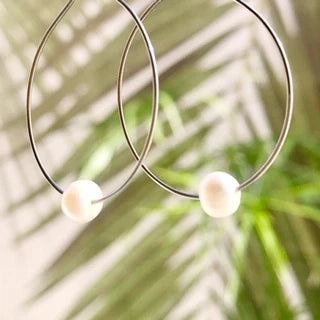 Fresh Water Pearl Hoops - Salty Shells on white background