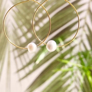 Fresh Water Pearl Hoops - Salty Shells on white background