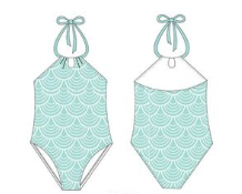 Illustration of a light blue one-piece swimsuit featuring a scallop pattern. It has a halter neck with a tie closure and a keyhole detail in the front and back.