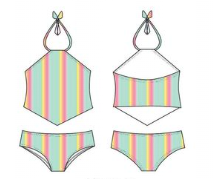 Illustration of front and back view of a striped swimsuit with pastel pink, yellow, and green colors, featuring halter neck tops and matching bottoms.