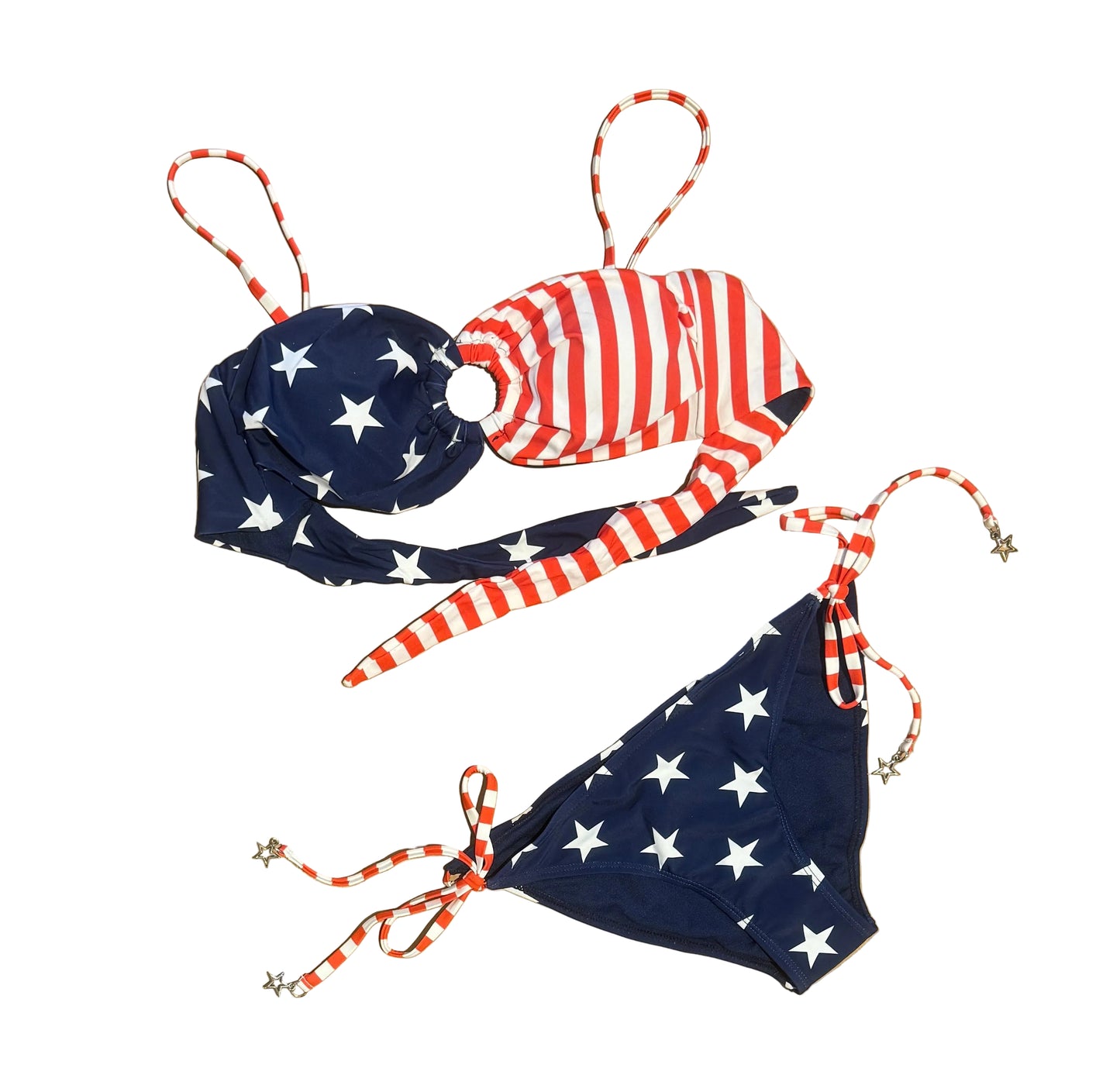 American Flag Women's Bikini Bandeau Top w/ Removable Straps with Side Tie Bikini Bottom (Sold As A Set)