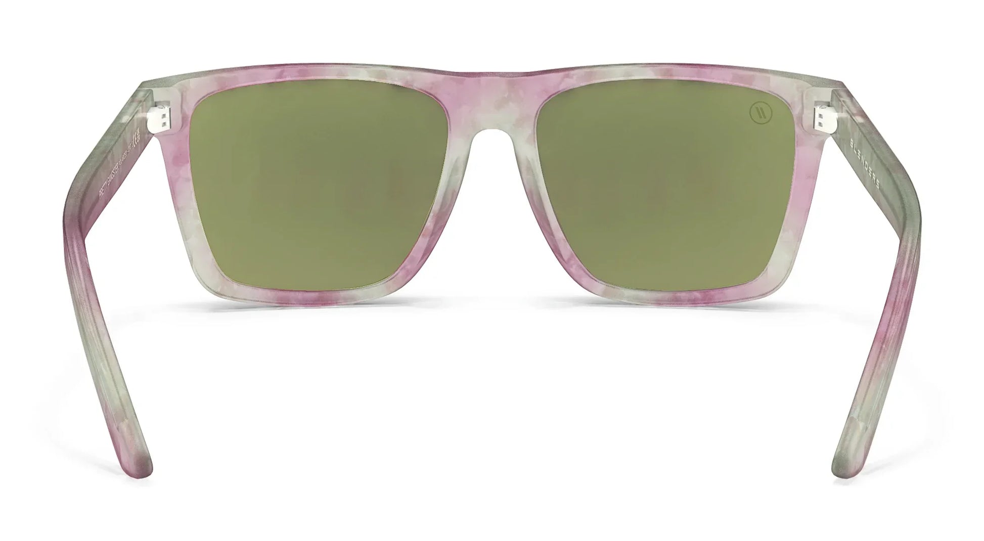 A close up, back view of the Pretty Gangsta' Blenders Sunglasses showcasing the inner sides of the gloss crystal clear gray and pink tortoise frame and polarized pink mirrored lenses of the sunglasses.