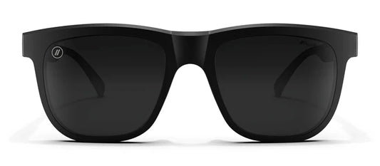 A close up, front view of the Shadow Cruise Blenders Sunglasses showcasing the glossy black frame and PureBlend™ smoke black lenses of the sunglasses.
