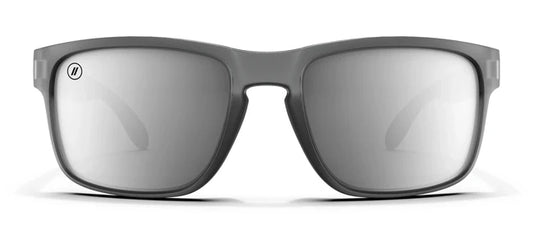 A close up, front view of the Smoke Chaser Blenders Sunglasses showcasing the matte-finished crystal black frame and polarized PureBlend™ silver mirrored lenses of the sunglasses.