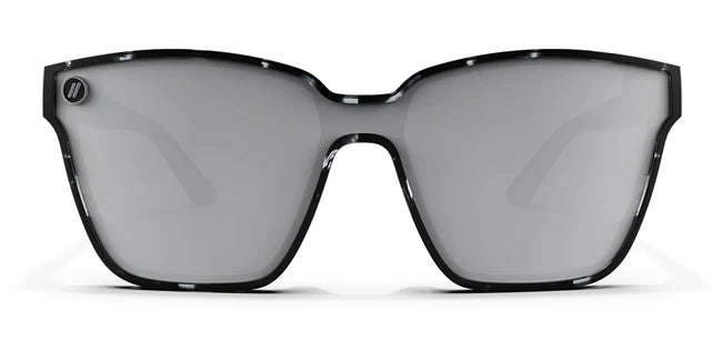 A close up, front view of the Sterling Lady Blenders Sunglasses showcasing the crystal gray and solid black tortoise patterned frames and polarized silver mirrored lenses.